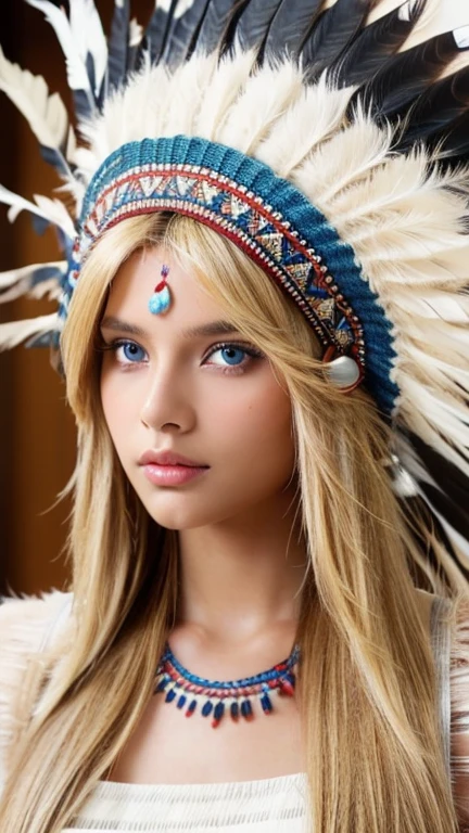 Native American, Front view,  American Indian , 28 years-old, (blond hair, long 2 string hair blue eye, serious),A beautiful girl wearing traditional Indian style, sandal, feather head decoration hat, (super detail, high details, high quality, accurate, anatomically correct, textured skin, beautiful fingers super detail, high details, high quality, best quality)