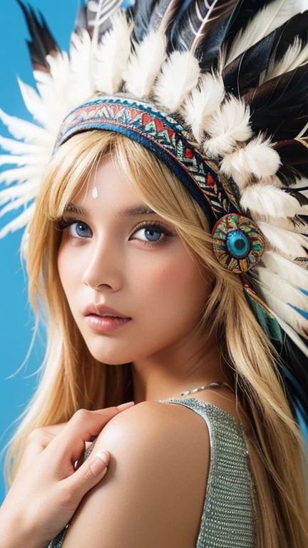 Native American, Front view,  American Indian , 28 years-old, (blond hair, long 2 string hair blue eye, serious),A beautiful girl wearing traditional Indian style, sandal, feather head decoration hat, (super detail, high details, high quality, accurate, anatomically correct, textured skin, beautiful fingers super detail, high details, high quality, best quality)