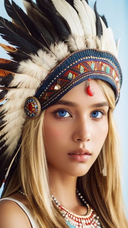 Native American, Front view,  American Indian , 28 years-old, (blond hair, long 2 string hair blue eye, serious),A beautiful girl wearing traditional Indian style, sandal, feather head decoration hat, (super detail, high details, high quality, accurate, anatomically correct, textured skin, beautiful fingers super detail, high details, high quality, best quality)