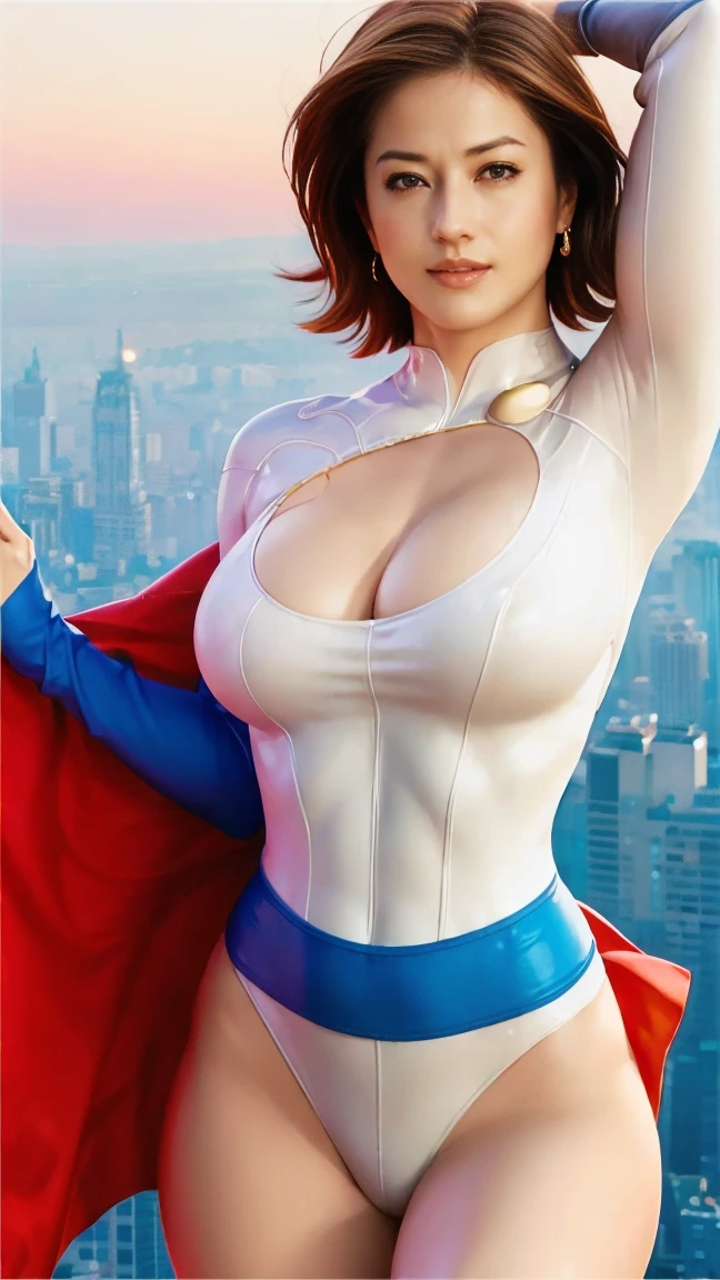 1 woman, Japanese actress Matsumoto Wakana , Power Girl,  DC Comics hero , 彼女は詳細なPower Girlのコスチュームを着ている, 詳細なDCコミックスのヒロインのPower Girlのコスチュームを細かな所まで完全に再現されたPower Girlの白を基調としたコスチューム, Anatomically correct ,  best quality, 4K, 8k,  high definition ,  artistic portrait , Ultra Detari, Realistic,  big and round breasts that stick out of the body, Hard erect nipples ,  tight waist with abs , Big round butt , Beautiful pussy, Light brown pubic hair,  beautiful body line with good balance ,  ultra-thin rubber costume made of special material that traces her completely naked body line, beautiful detailed eyes,  beautiful detailed lips , Extremely Elaborate Eyes and Faces ,Long eyelashes,Sexy,average:oil,  pubic skin, Flying over New York ,  hair that flutters like, She smiles with a smile so bright that I can see her white teeth, Strong girl in the air ,  She's flying in the sky with her chest stretched out straight, Stunning curves,  bright color, Fly through the sky with a light green bird , An ultra-thin white costume that shows the shape of her hard erect nipples and pussy muscles, Anatomically correct , 