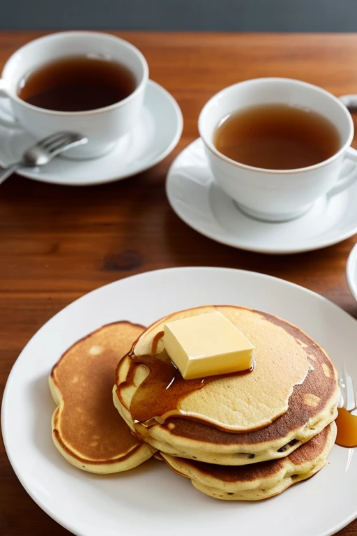  Freshly Baked Pancakes on a White Plate, It has butter and honey on it, Tea Time Table, Afternoon Scenery ,