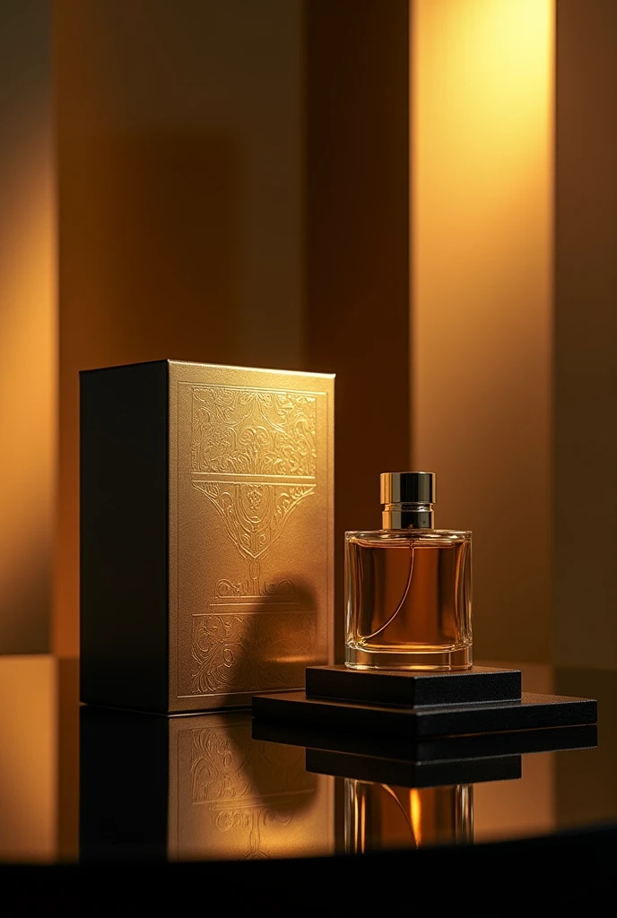 Attractive design on a black product display background, Leave an empty space，Para que eu possa inserir uma imagem Perfume . The background should exude elegance and sophistication, Melhore o apelo visual do perfume que colocarei na imagem. You are free to use enlightenment, texturizado, and composition to create a luxurious atmosphere，Uma vez adicionado，Perfume will be the central focus.
