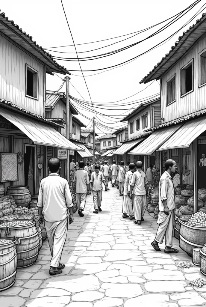 generate Bangladesh village bazer black and white line artwork