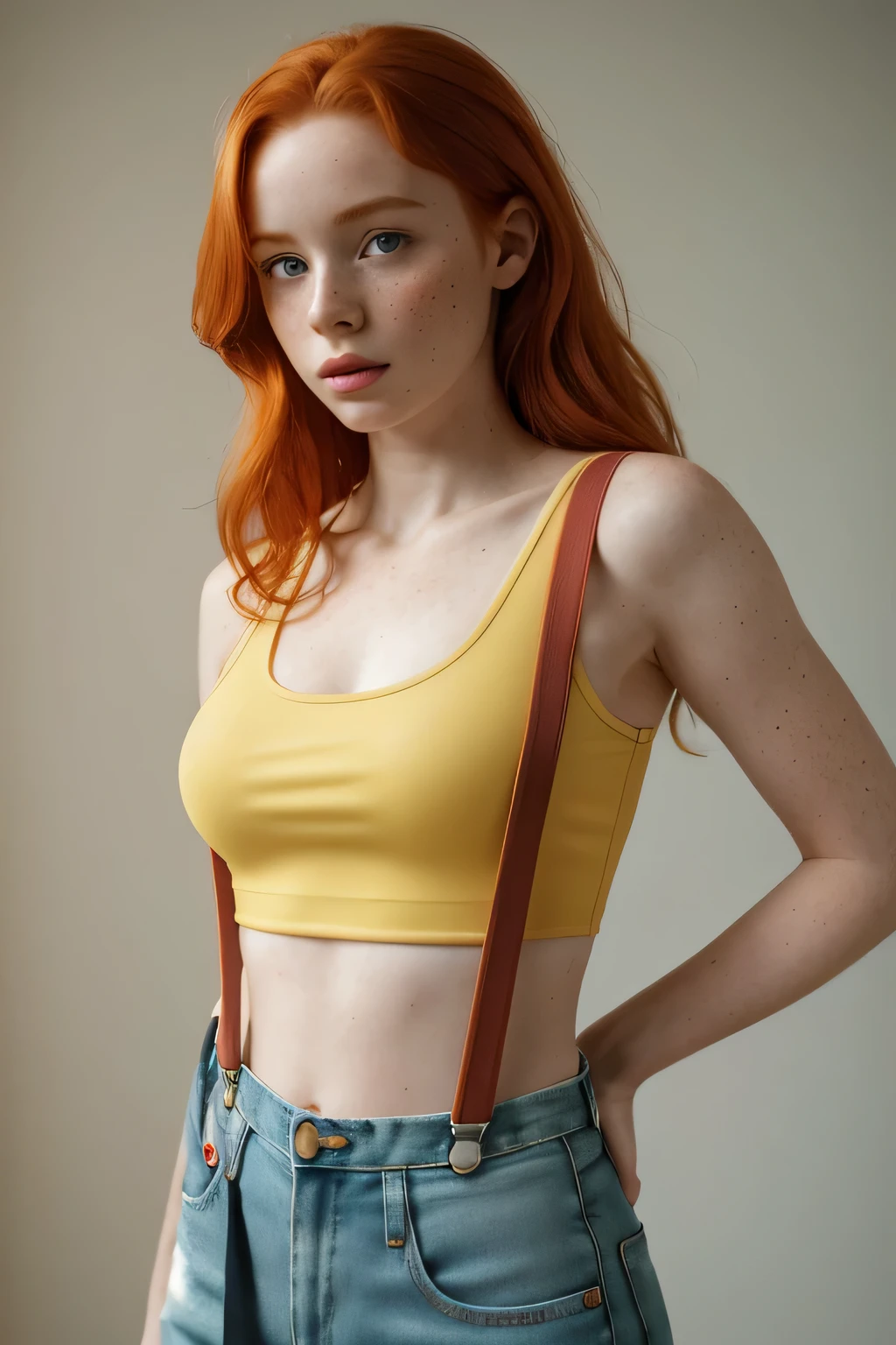 1girl in, 21, Madelaine Petsch, photo of perfect woman, 5'3", Solo, Aesthetic artwork, (irish redhead, wavy ginger hair, shoulder length ginger hair:1.25), (some small freckles, pale skin, small breasts, B-cup, runners body, very thin waist, skinny, petite, detailed skin texture), (blank background, plain background, blank wall, (wearing an yellow cropped tank top, yellow shirt, denim short shorts, daisy dukes, Misty from pokemon, Misty cosplay, (red suspenders: 1.25), (extremely detailed 8k wallpaper), soft lighting, high quality, film grain, Fujifilm XT3 sharp focus, f 5.6, 50mm, High Detail, Sharp focus,(natural light), crazy details, complex details, hyper detailed