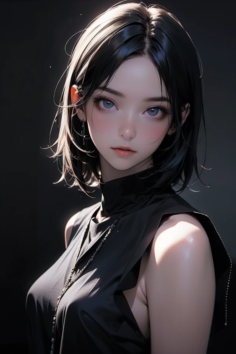 NSFW, (see-through:1.1), ( High Quality : 1.3),  Cinematic Shots , masterpiece, ( sharp concentration: 1.5), (Realistic: 1.3), Medium Portrait (Beautiful young vampire woman, Pale skin, gothic, Still proud、Brave,  straight black short bob hair wearing a dark tunic with high detail , Dark appearance, 詳細の高い暗いチュニックを着た, Dark atmosphere,  I'm wearing 、 shape is modeled with sharp chiaroscuro。), It&#39;s night, (  and very detailed skins  ), ( detailed face ),   detailed background, Dim lighting, Dusk lighting,  Volumetric Lighting ,  intricate detail that puts the arm in the crotch,  ultra high resolution,