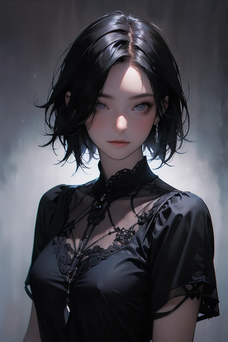 NSFW, (see-through:1.1), ( High Quality : 1.3),  Cinematic Shots , masterpiece, ( sharp concentration: 1.5), (Realistic: 1.3), Medium Portrait (Beautiful young vampire woman, Pale skin, gothic, Still proud、Brave,  straight black short bob hair wearing a dark tunic with high detail , Dark appearance, 詳細の高い暗いチュニックを着た, Dark atmosphere,  I'm wearing 、 shape is modeled with sharp chiaroscuro。), It&#39;s night, (  and very detailed skins  ), ( detailed face ),   detailed background, Dim lighting, Dusk lighting,  Volumetric Lighting ,  intricate detail that puts the arm in the crotch,  ultra high resolution,