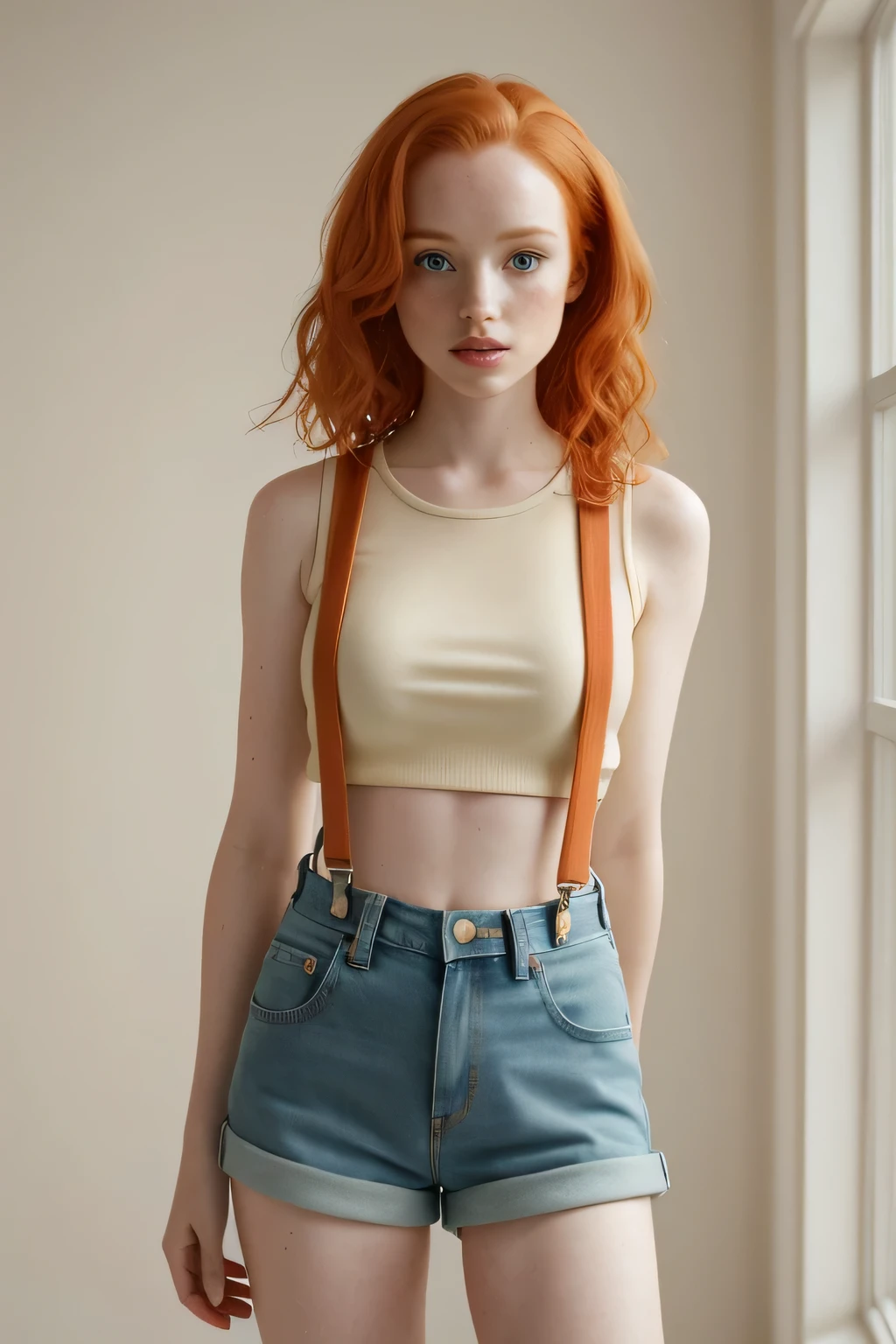 1girl in, age21, Madelaine Petsch, photo of perfect woman, 5'3", Solo, Aesthetic artwork, (irish redhead, wavy ginger hair, shoulder length ginger hair:1.25), (some small freckles, pale skin, small breasts, B-cup, runners body, very thin waist, skinny, petite, detailed skin texture), (blank background, plain background, blank wall, (wearing an yellow cropped tank top, yellow shirt, denim short shorts, daisy dukes, Misty from pokemon, Misty cosplay, (red suspenders: 1.25), (extremely detailed 8k wallpaper), soft lighting, high quality, film grain, Fujifilm XT3 sharp focus, f 5.6, 50mm, High Detail, Sharp focus,(natural light), crazy details, complex details, hyper detailed