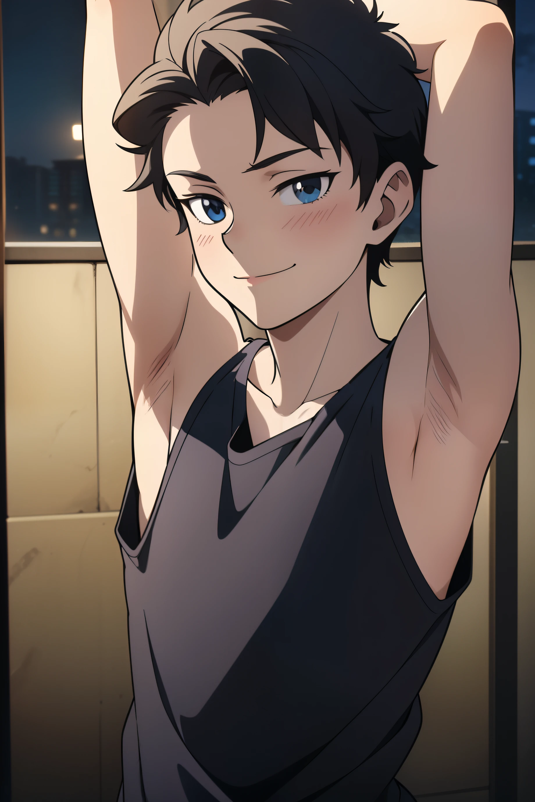 Highres, Masterpiece, Best quality at best,Best Quality,hight quality, hight detailed, Anime style, 1boy, Boy, Shota, Solo person, dark skin, hansome, short hair, Earring, Tank top, Upper body, midnight, naughty smile, Slim body, Blurry beckground, Seen from the front, (Showing armpit:1.3), ( boy), (very small and short body), Uhd