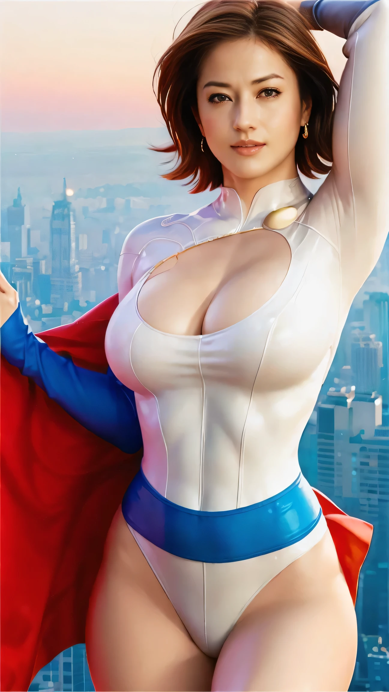 1 woman, Japanese actress Matsumoto Wakana , Power Girl,  DC Comics hero ,  SHE WEARS A DETAILED POWER GIRL COSTUME ,  A costume based on Power Girl that completely recreates the detailed DC Comics heroine Power Girl costume down to the smallest detail, Anatomically correct ,  best quality, 4K, 8k,  high definition ,  artistic portrait , Ultra Detari, Realistic,  big and round breasts that stick out of the body, Hard erect nipples ,  tight waist with abs , Big round butt , Beautiful pussy, Light brown pubic hair,  beautiful body line with good balance ,  ultra-thin rubber costume made of special material that traces her completely naked body line, beautiful detailed eyes,  beautiful detailed lips , Extremely Elaborate Eyes and Faces ,Long eyelashes,sexy,average:oil,  pubic skin, Flying over New York ,  hair that flutters like, She smiles with a smile so bright that I can see her white teeth, Strong girl in the air ,  She's flying in the sky with her chest stretched out straight, Stunning curves,  bright color, Fly through the sky with a light green bird , An ultra-thin white costume that shows the shape of her hard erect nipples and pussy muscles, Anatomically correct , 