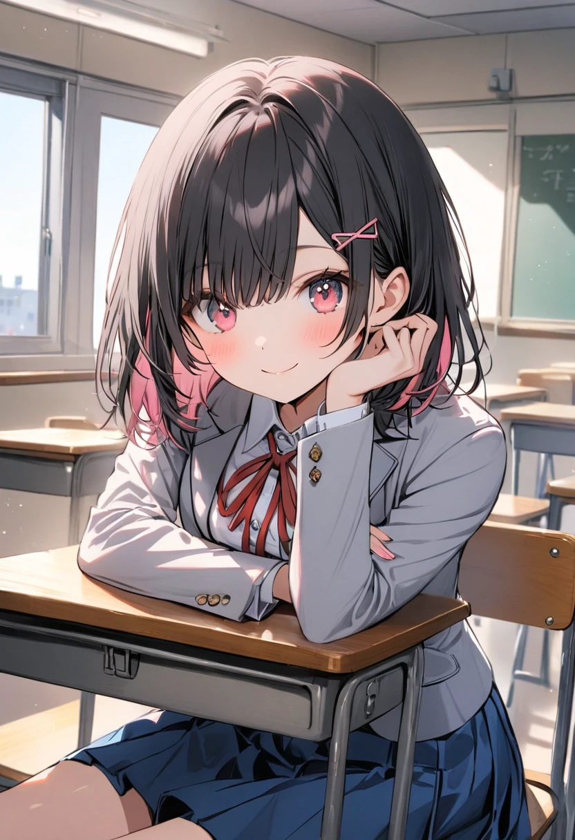 (((Anime Style,Arima Kana,1 person,uniform,classroom,Sit cross-legged at a desk,blush,Laughter,touch))),((Shooting from below,Black knee socks,Black underwear,Panty shot,Shot in close-up))