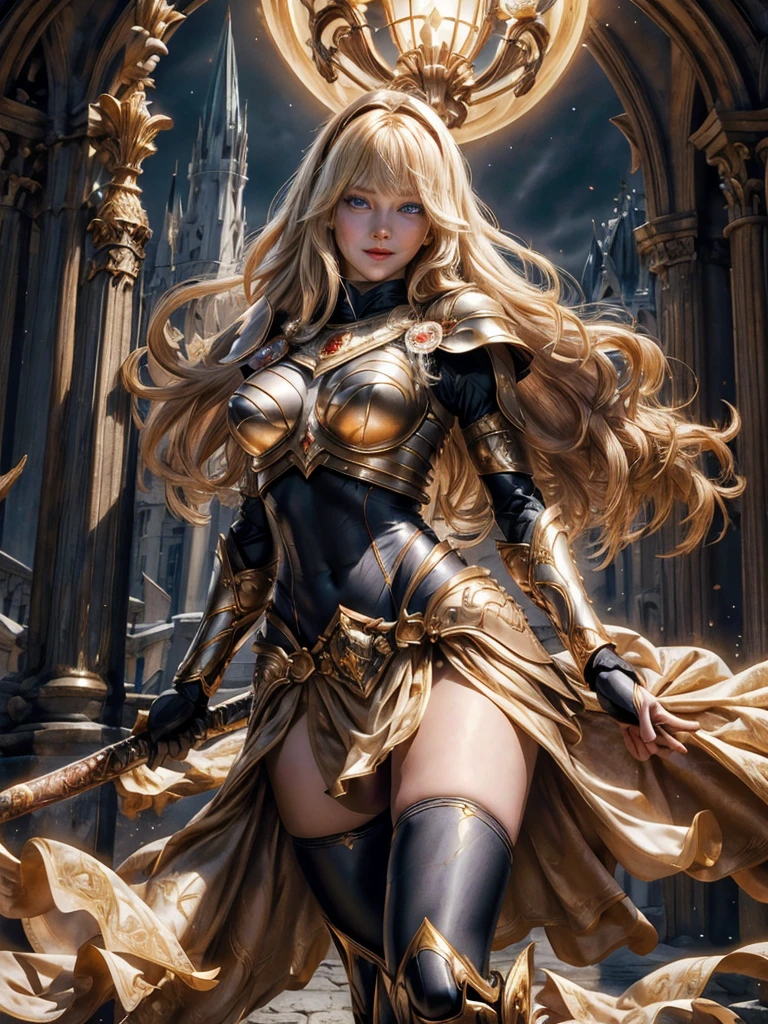 Highly detailed, High Quality, Full Length Portrait, Masterpiece, nice hands, perfect hands, 1girl, full body, lux1, lux_(league_of_legends), ultra very long blonde fringe hairstyle, armor, breastplate, black headband, bodysuit, light smile, white gloves, boobplate, (detailed face and eyes:1.3), castle background, powers, posing with very long golden sharped sword, holding long sword, full length portrait, She is bleeding out and is covered in blood, scared of death, she is trying to defend herself with a powerful sword with special effects.