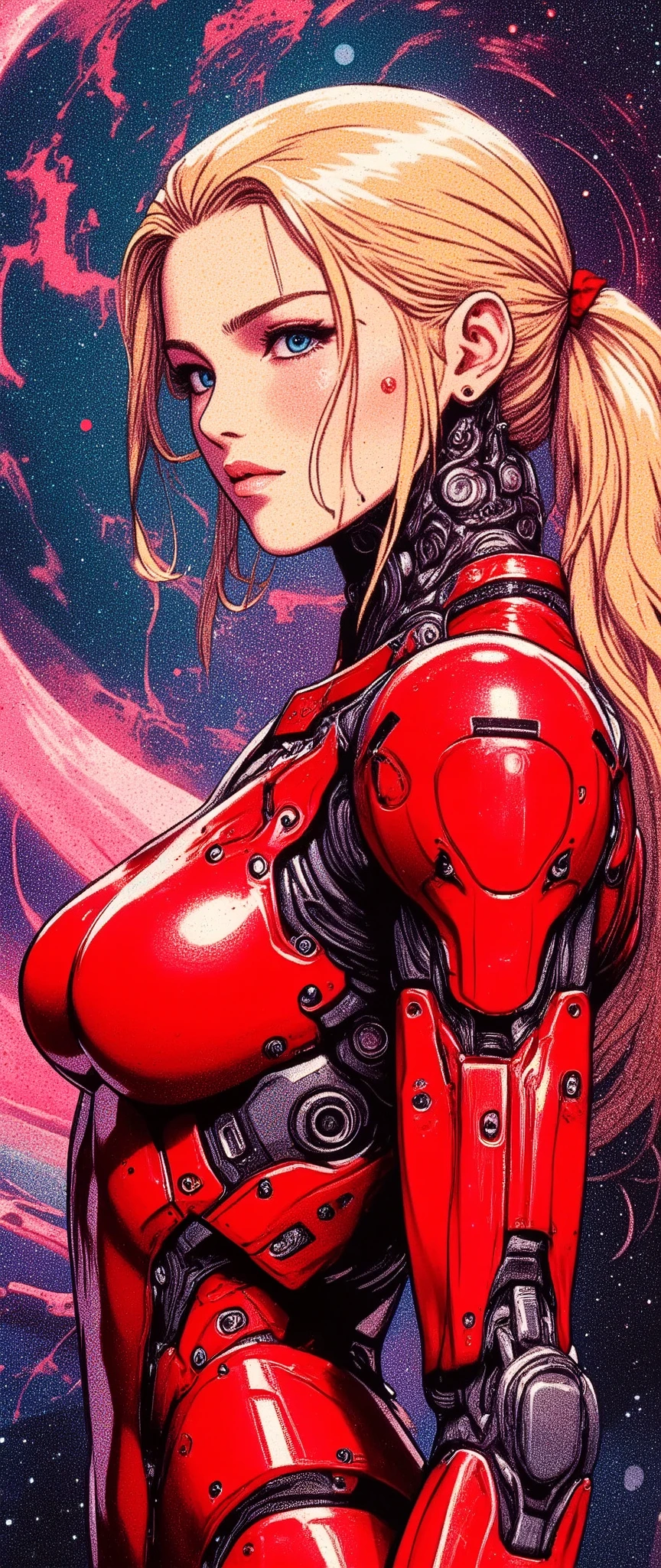 (masterpiece:1.2,Outstanding quality,Mirror finish,  cinematic experience,Super detailed),16k,wallpaper,( semi-realistic android woman),(front:2.0),(Upper body close-up:2.0), flat color,( Cyberpunk ),( Anime Artwork), Beautiful Gradation,( perfect proportions),( blond hair:2.0),( shiny red bodysuit ),( standing ),(Dark blue eyes:2.0),(Neon colored planetary groups in the background)