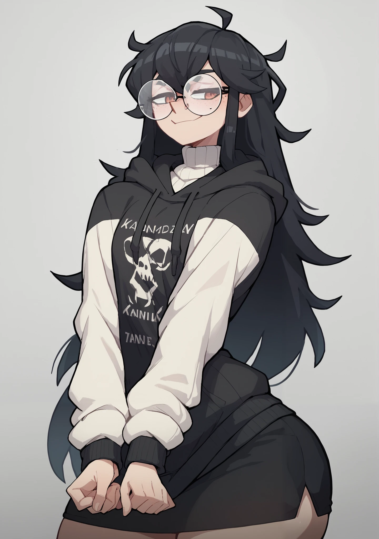 vanitaker, futanari,long hair,black hair,Round glasses,sweater under hoodie,black hoodie,white sweater,big thighs,Turtleneck,black skirt,black tgihts,cute