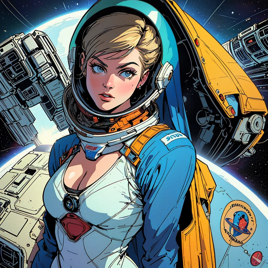 ((( Best Quality Masterpiece ))),(Lonely Goddess),(spacesuit that emphasizes cleavage ),((( 70s and 80s space thriller movie posters))),( American Comics ),((( retro vintage style ))),Overwhelmingly complex depiction,Absolute machine group background, futuristic cyberpunk ,Extremely accurate and delicate depiction,