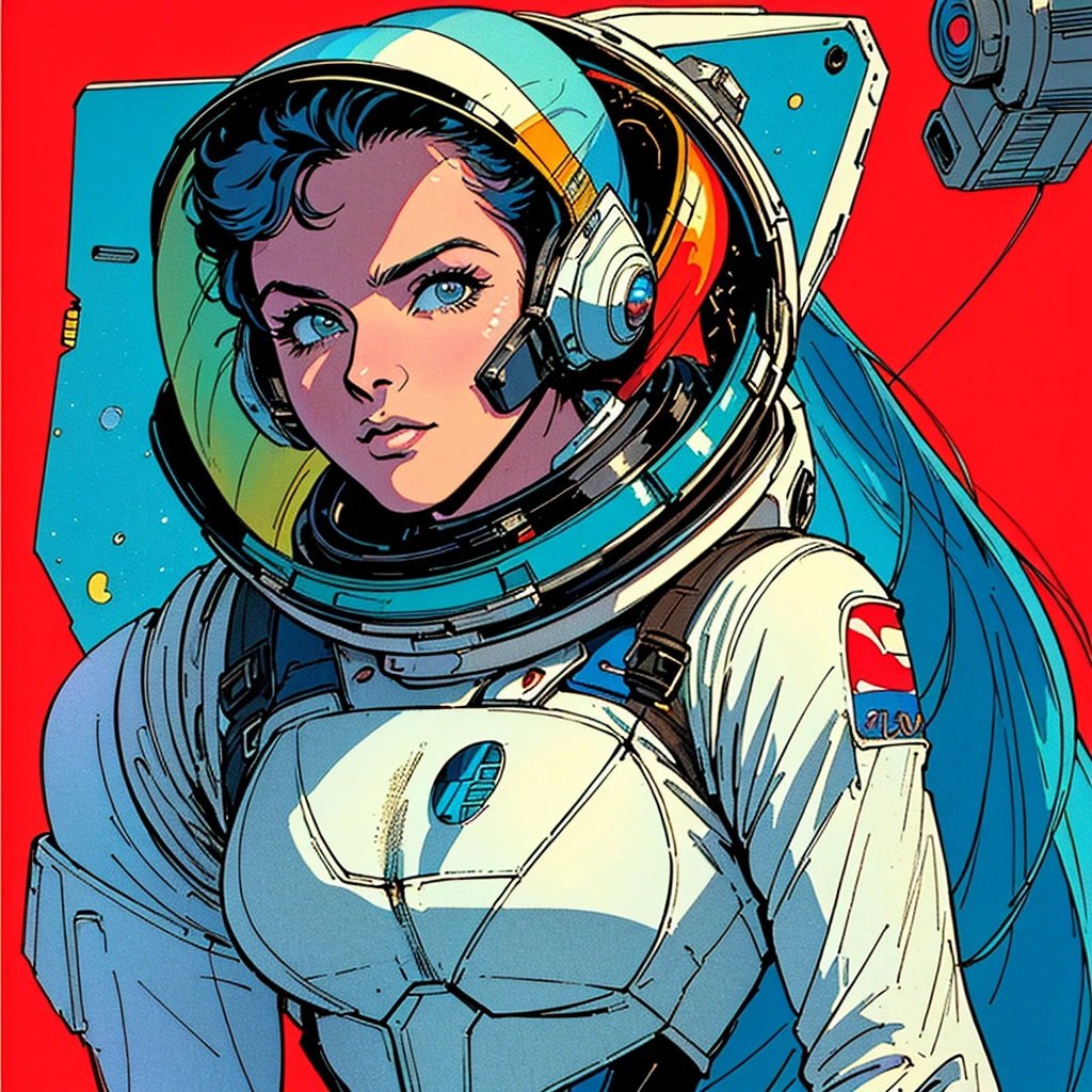 ((( Best Quality Masterpiece ))),(Lonely Goddess),(spacesuit that emphasizes cleavage ),((( 70s and 80s space thriller movie posters))),( American Comics ),((( retro vintage style ))),Overwhelmingly complex depiction,Absolute machine group background, futuristic cyberpunk ,Extremely accurate and delicate depiction,