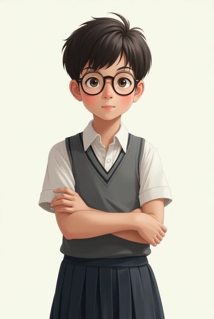 make an image about a korean boy that is wearing a school uniform and has a bag in his back and his holding an school id and he’s wearing glasses