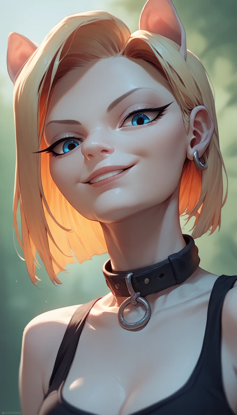 Android 18, solo
anthro, female, collar only, smiling
bust portrait, Forest background, low-angle view
detailed realistic photorealism