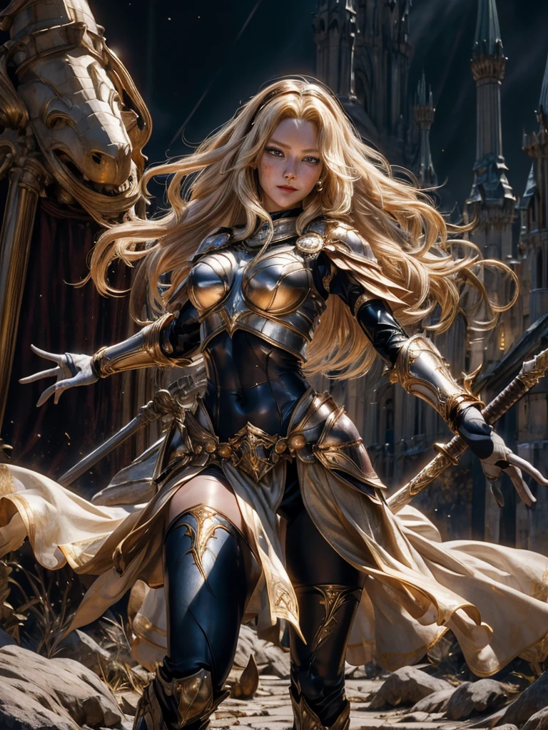 Highly detailed, High Quality, Full Length Portrait, Masterpiece, nice hands, perfect hands, 1girl, full body, lux1, lux_(league_of_legends), ultra very long blonde fringe hairstyle, armor, breastplate, black headband, bodysuit, light smile, white gloves, boobplate, (detailed face and eyes:1.3), castle background, powers, posing with very long golden sharped sword, holding long sword, full length portrait, She is bleeding out and is covered in blood, scared of death, she is trying to defend herself with a powerful sword with special effects, she is crouching