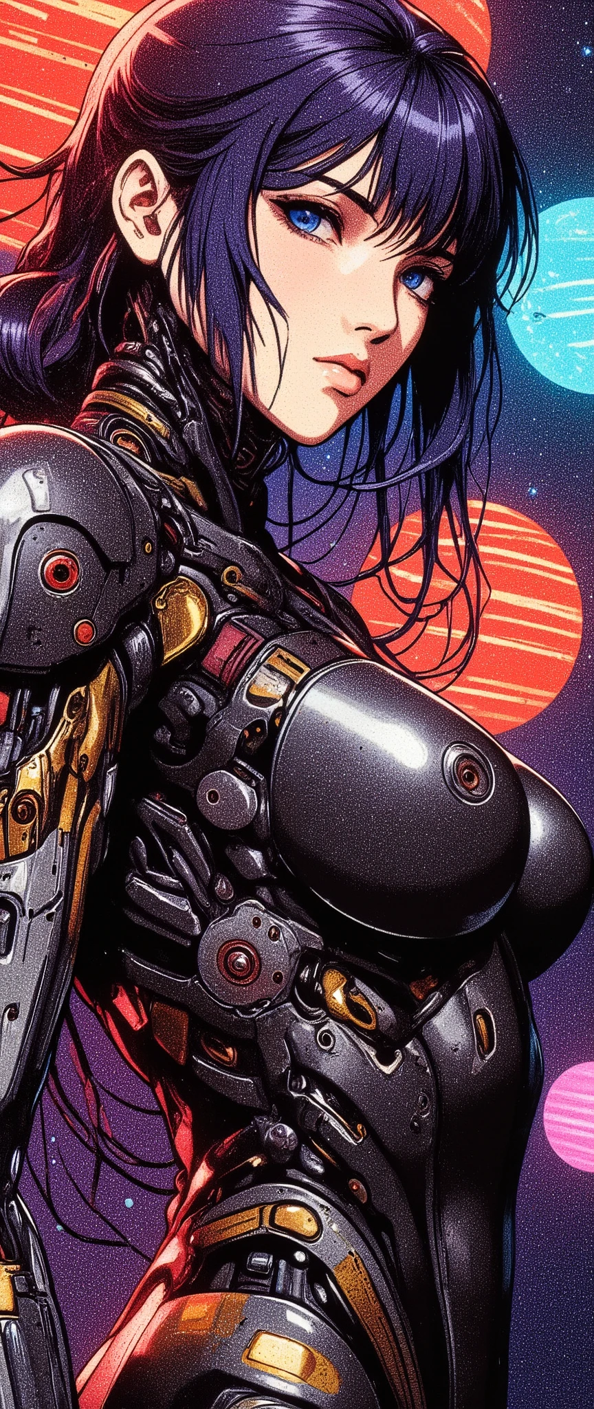 (masterpiece:1.2,Outstanding quality,Mirror finish,  cinematic experience,Super detailed),16k,wallpaper,( semi-realistic android woman),(front:2.0),(Upper body close-up:2.0), flat color,( Cyberpunk ),( Anime Artwork), Beautiful Gradation,( perfect proportions),( shiny bodysuit),( standing ),(Dark blue eyes:2.0),(Neon colored planetary groups in the background)