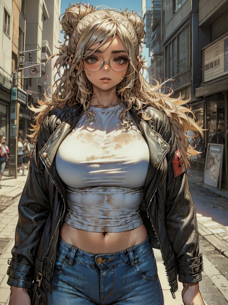 (masterpiece:1.2, best quality), 1 Female, Alone, upper body, Big Breasts, A chic and edgy leather jacket、 combined a classic white t-shirt with distressed jeans 、 finished confidently and effortlessly with minimal makeup and a messy bun。 (Music festivals and trendy streets ) high-profile sunglasses and oversized jewelry , with a convenient crossbody bag