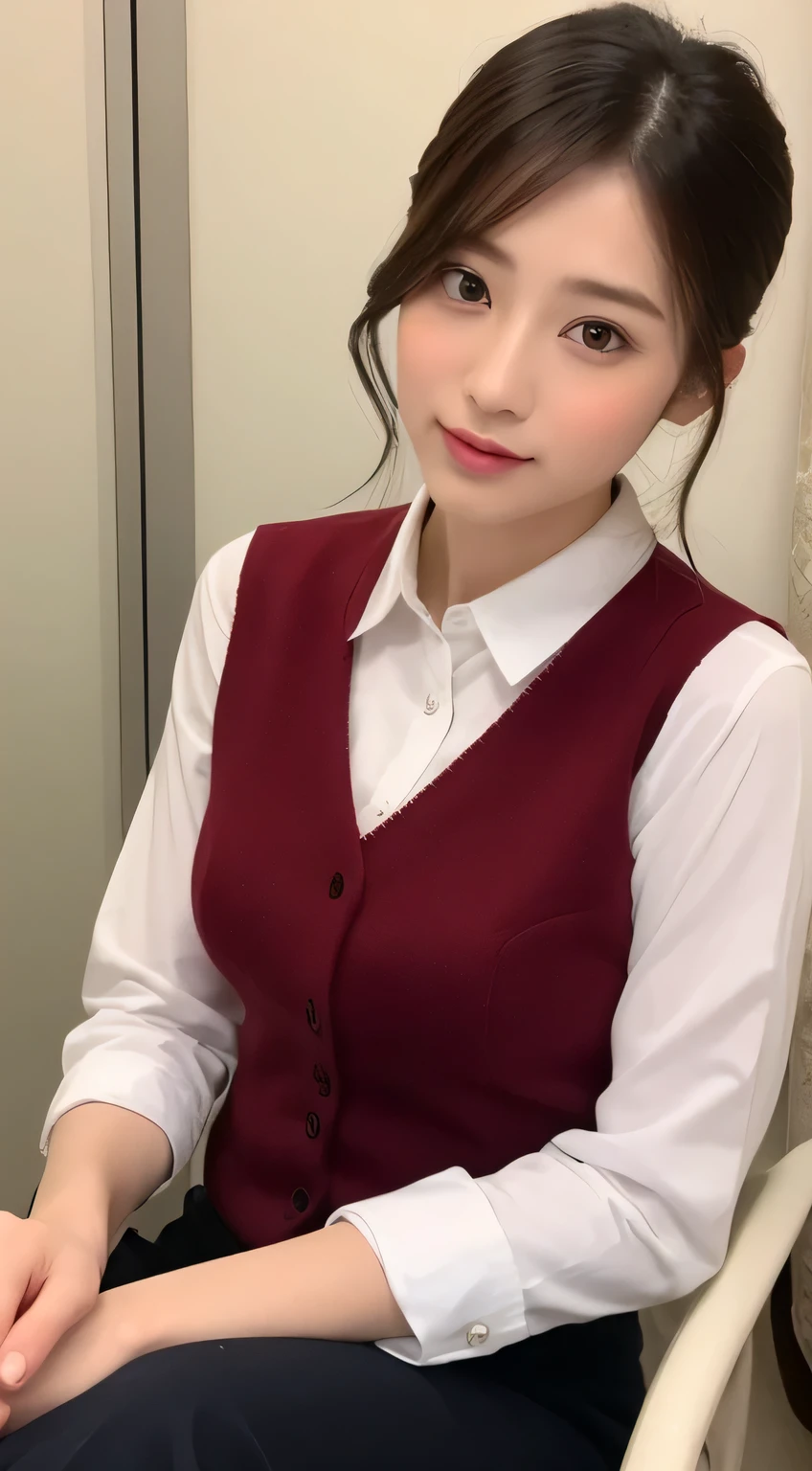 (8K, RAW Photos, Highest quality, masterpiece: 1.2), (Realistic, Realistic: 1.37), Ultra HD, 1 Girl, cute, alone, Beautiful sky, Detailed Cafe, night, Sitting, date, (Nose and labia), (smile: 1.1), (Closed), Medium chest, Beautiful Eyes, (Collared shirt: 1.1), bow tie, Pleated skirt, (short hair: 1.2), Floating Hair