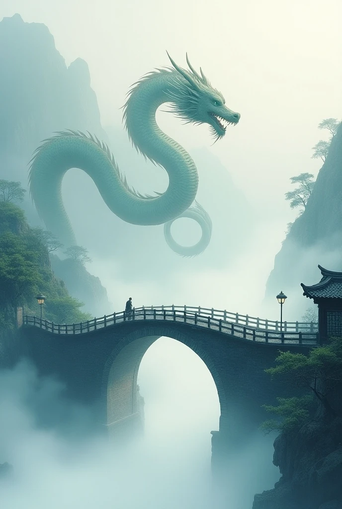 Realistic, theme is "Old bridge shrouded in fog", old bridge shrouded in fog, Chinese dragon appearing from the fog, Japanese Ukiyo-e style, artwork, watercolor brush painting, ink painting, sophisticated design, 8K quality