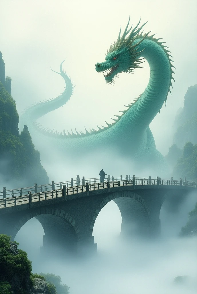 Realistic, theme is "Old bridge shrouded in fog", old bridge shrouded in fog, Chinese dragon appearing from the fog, Japanese Ukiyo-e style, artwork, watercolor brush painting, ink painting, sophisticated design, 8K quality