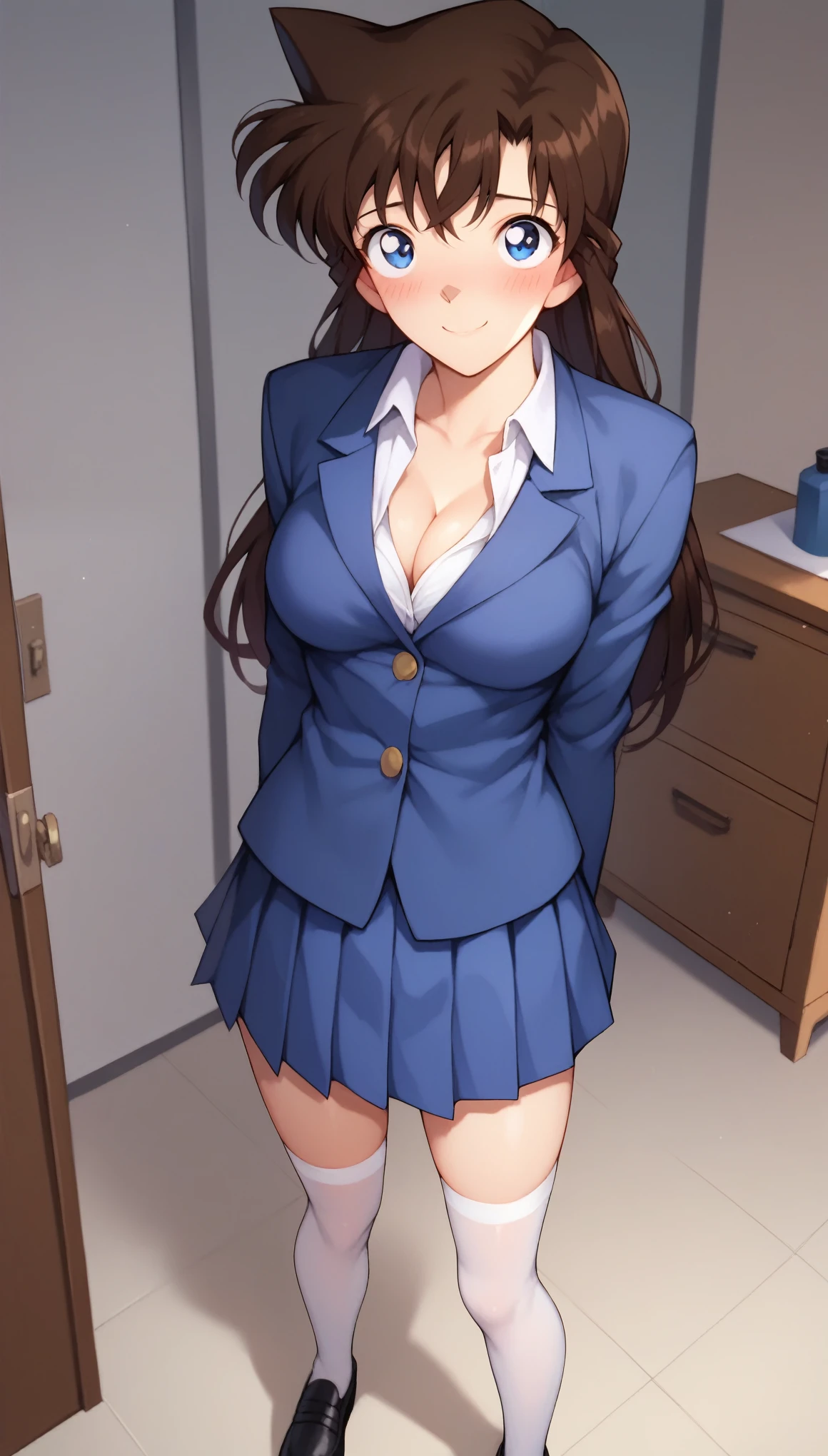 RanMoriDCXL, ran mori, detective conan, blue eyes, dark brown hair, long hair, 1 pointed hair, bangs, shy smile, shy expression, blushing, medium breasts, slender body, smile, blue jacket, blue pleated short skirt, white stockings, black shoes, solo, standing, looking at viewer, indoors, cleavage, (only wearing jacket without shirt)