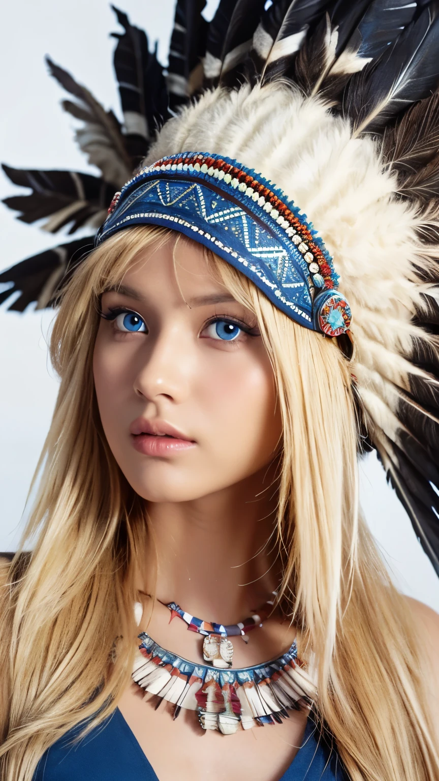 Native American, Front view,  American Indian , 28 years-old, (blond hair, long 2 string hair blue eye, serious),A beautiful girl wearing traditional Indian style, sandal, feather head decoration hat, (super detail, high details, high quality, accurate, anatomically correct, textured skin, beautiful fingers super detail, high details, high quality, best quality)