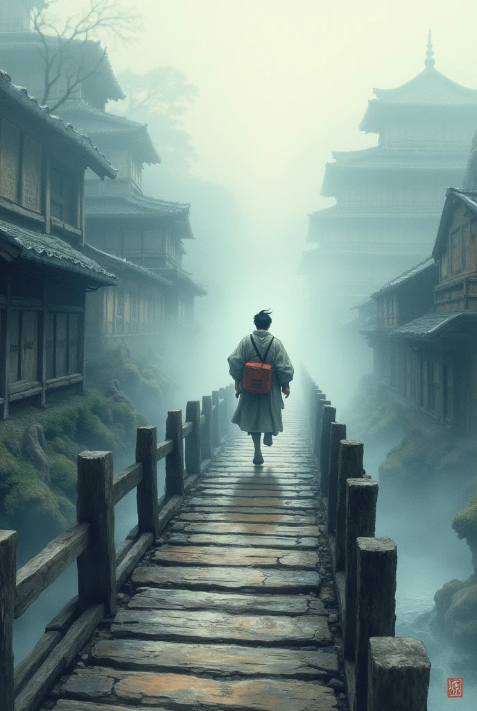 Realistic, theme is "Old bridge shrouded in fog", old bridge shrouded in fog, courier man rushing across the bridge, close-up on courier man, Japanese ukiyo-e style, artwork, watercolor brush painting, ink painting, sophisticated design, 8K quality