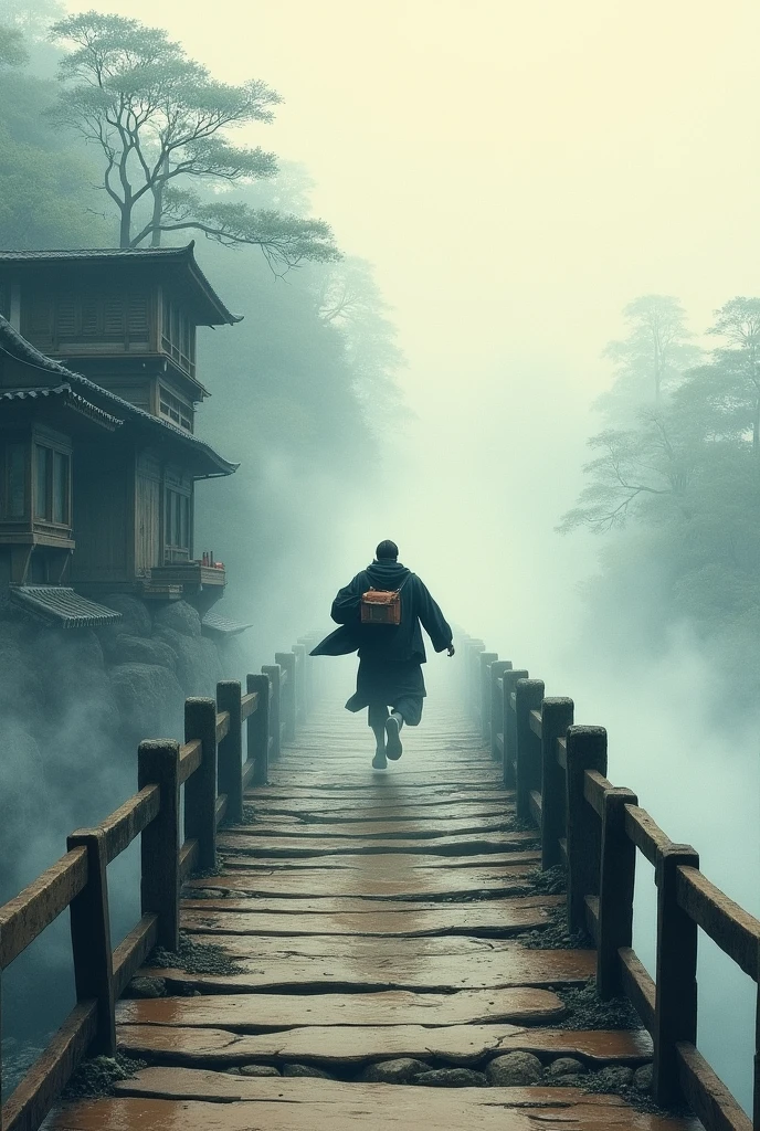 Realistic, theme is "Old bridge shrouded in fog", old bridge shrouded in fog, courier man rushing across the bridge, close-up on courier man, Japanese ukiyo-e style, artwork, watercolor brush painting, ink painting, sophisticated design, 8K quality