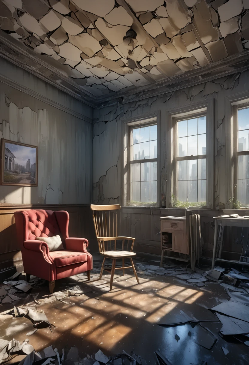 masterpiece, best quality, 8k, highres, ultra-detailed, HDR, UHD, derelict room,1girl,sitting chair,drkgirl,