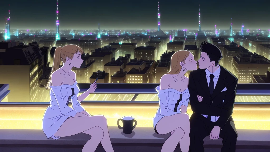 Woman and man sitting kissing in the background of the city at night