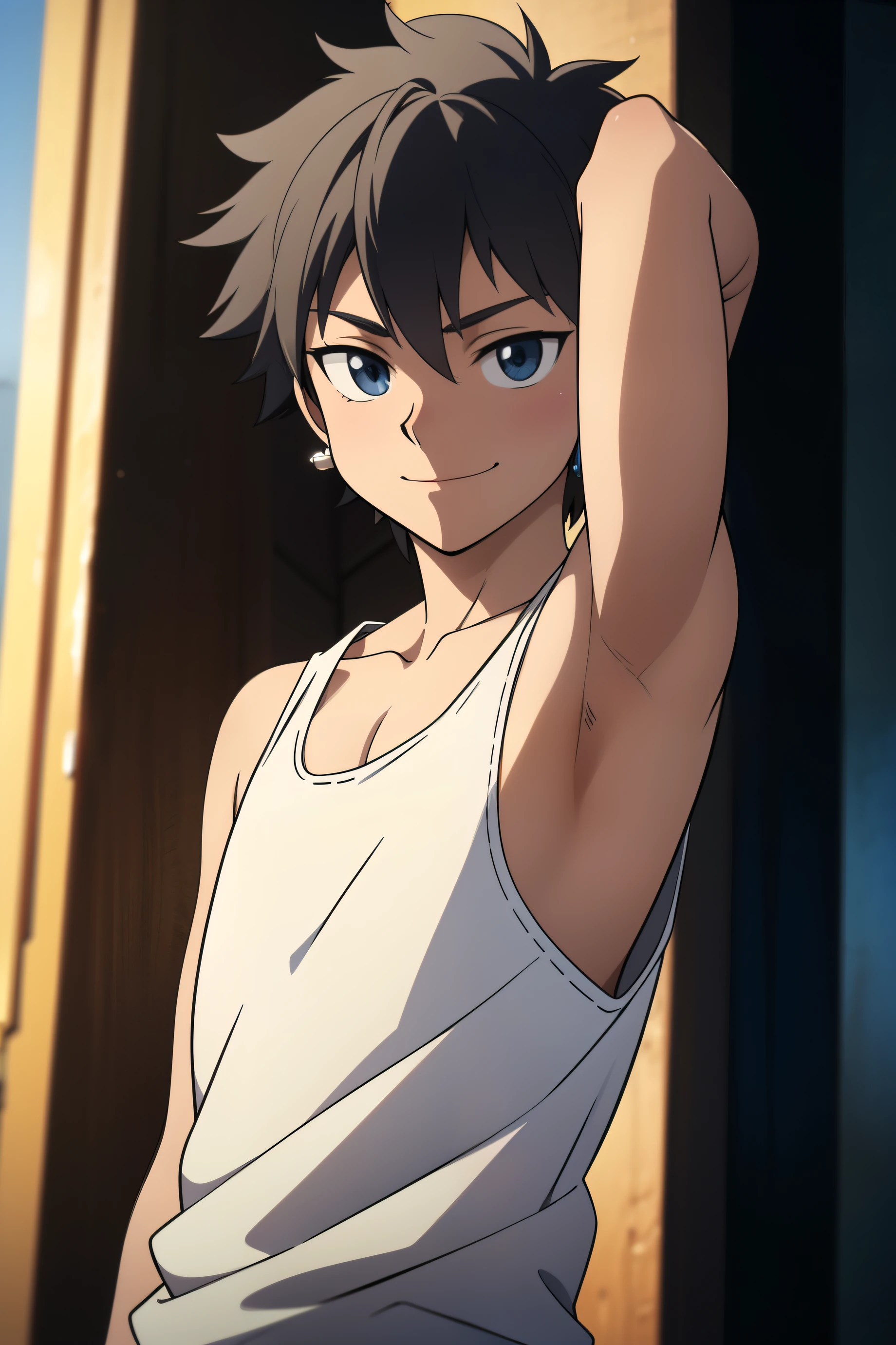 Highres, Masterpiece, Best quality at best,Best Quality,hight quality, hight detailed, Anime style, 1boy, Boy, Shota, Solo person, Dark skin, hansome, short hair, Earring, Tank top, Upper body, midnight, naughty smile, Slim body, Blurry beckground, Seen from the front, This boy is teasing using his armpits, (Showing armpit:1.3), (very young boy), (very small and short body), Uhd