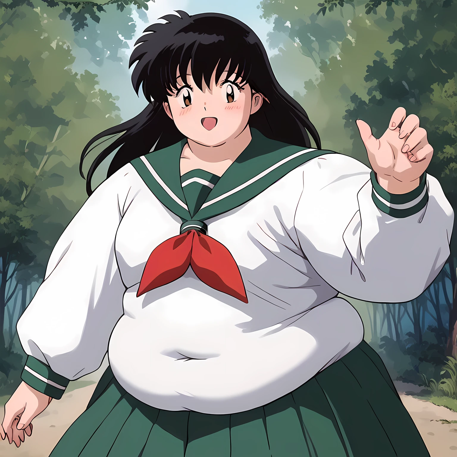 score_9, score_8_up, score_7_up, source_anime,
kagomehigurashi, kagome higurashi, long hair, black hair, retro artstyle, brown eyes, blush, open mouth,
skirt, shirt, long sleeves, school uniform, white shirt, pleated skirt, serafuku, sailor collar, neckerchief, green skirt, red neckerchief,
outdoors, forest, nature,
looking at viewer,  fat, chubby, obese, gigantic arms and legs,  dancing, smile, detailed face, detailed eyes, perfect quality,