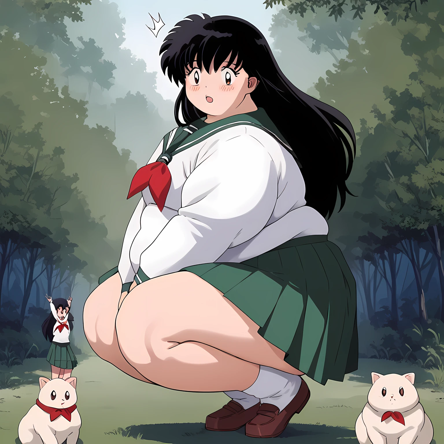 score_9, score_8_up, score_7_up, source_anime,
kagomehigurashi, kagome higurashi, long hair, black hair, retro artstyle, brown eyes, blush, open mouth,
skirt, shirt, long sleeves, school uniform, white shirt, pleated skirt, serafuku, sailor collar, neckerchief, green skirt, red neckerchief,
outdoors, forest, nature,
looking at viewer,  fat, chubby, obese, gigantic arms and legs,  squatting, surprised, side view