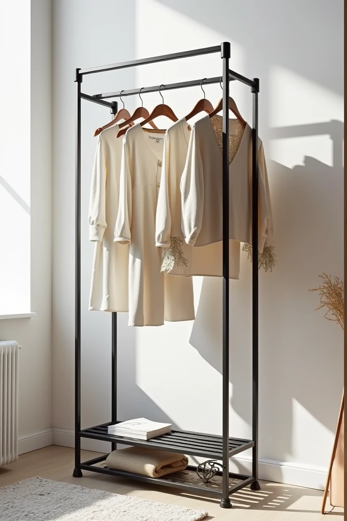 Make me a closet with a 4x4 drawer cabinet in black and white. On top, place an open clothes rack with no wood on any side with clothes spread out.. Colonial and classic style between black and wood color.