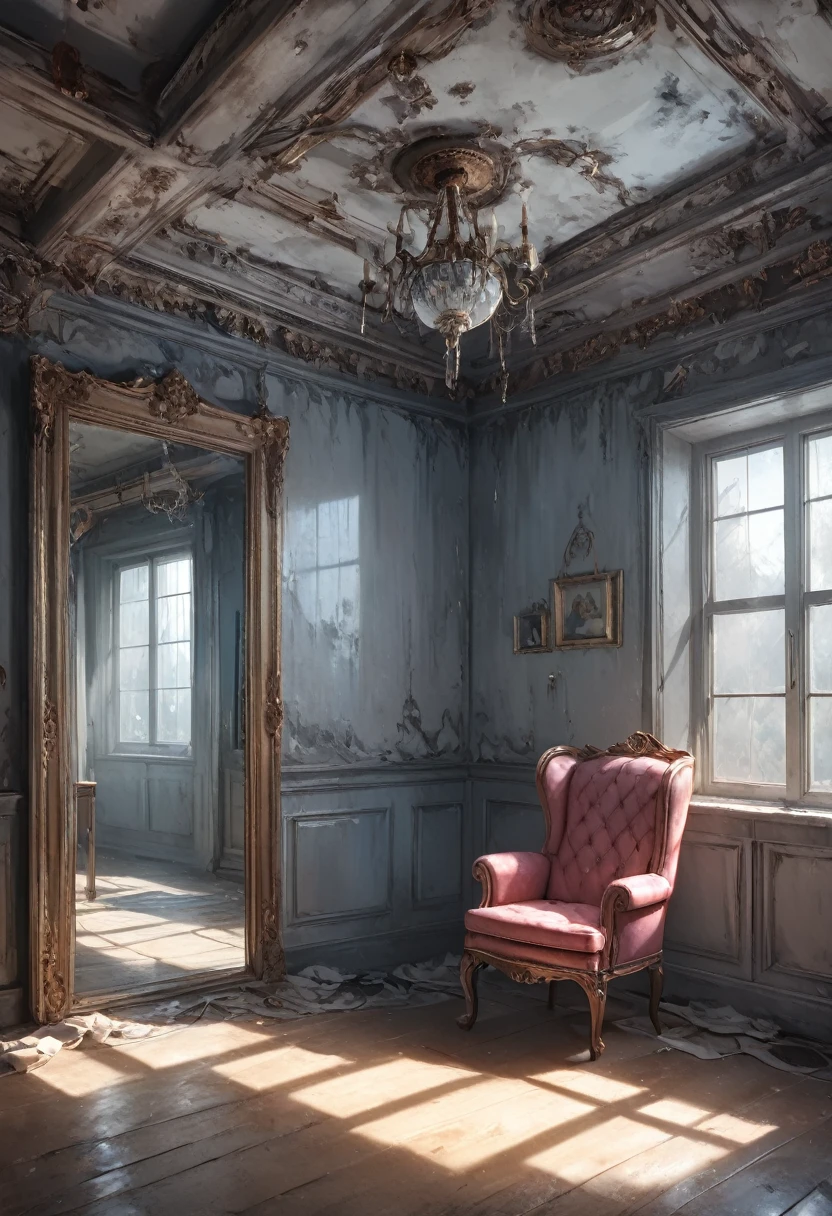 masterpiece, best quality, 8k, highres, ultra-detailed, HDR, UHD, 1girl,drkgirl,Transparent white skin,derelict room,sitting chair