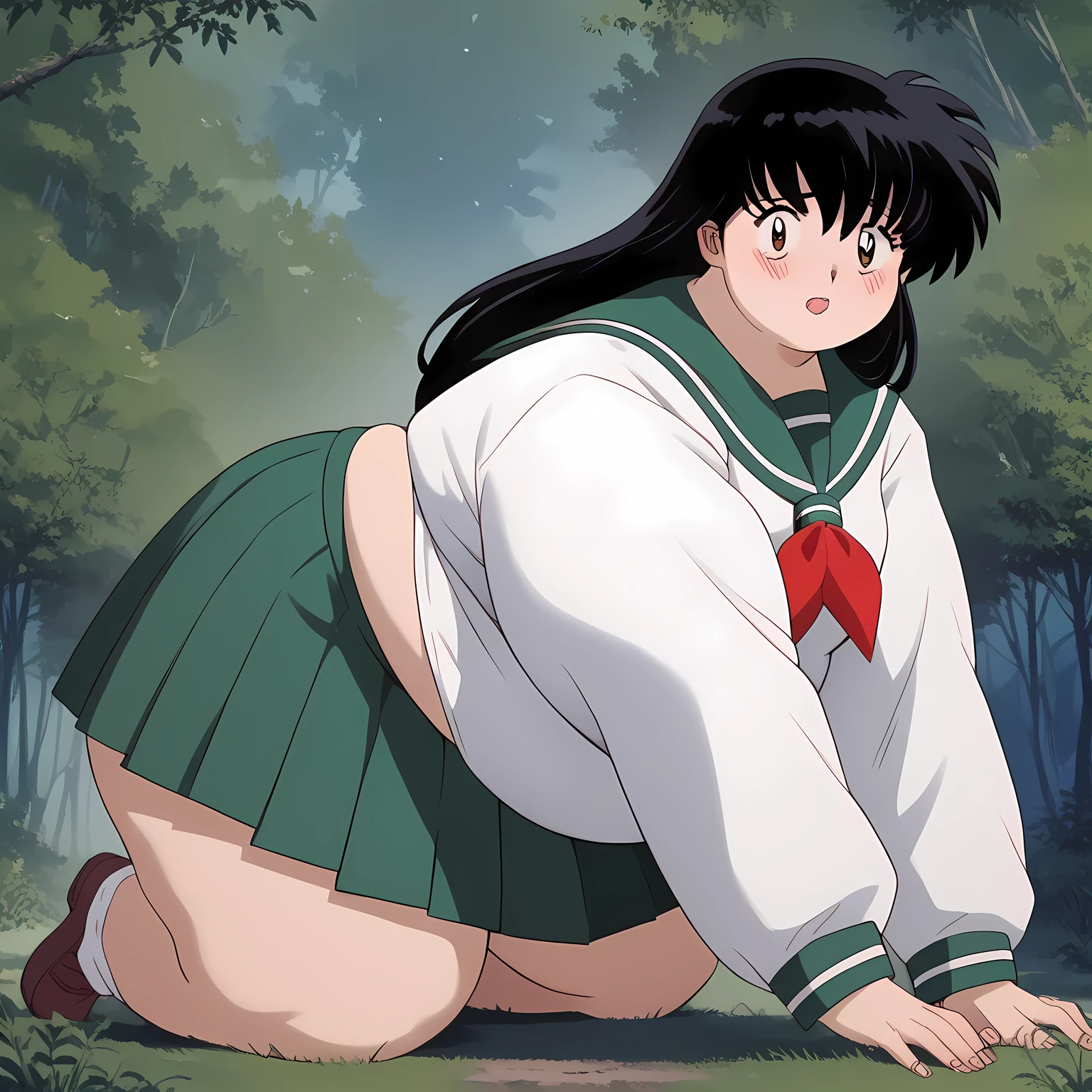 score_9, score_8_up, score_7_up, source_anime,
kagomehigurashi, kagome higurashi, long hair, black hair, retro artstyle, brown eyes, blush, open mouth,
skirt, shirt, long sleeves, school uniform, white shirt, pleated skirt, serafuku, sailor collar, neckerchief, green skirt, red neckerchief,
outdoors, forest, nature,
looking at viewer,  fat, chubby, obese, gigantic arms and legs,  all on fours, embarassed, side view, detailed face, detailed eyes, perfect quality,