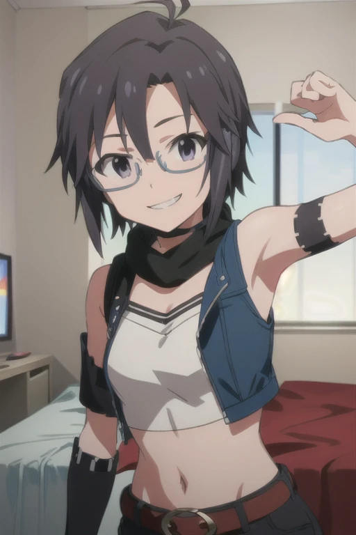 (((pixel-perfect, detail-perfect))), solo, 1girl, makoto kikuchi, crop top, headphones, glasses, goth, choker, scarf, belts on shirt, arm tattoos, looking at viewer, bedroom, smile, grin