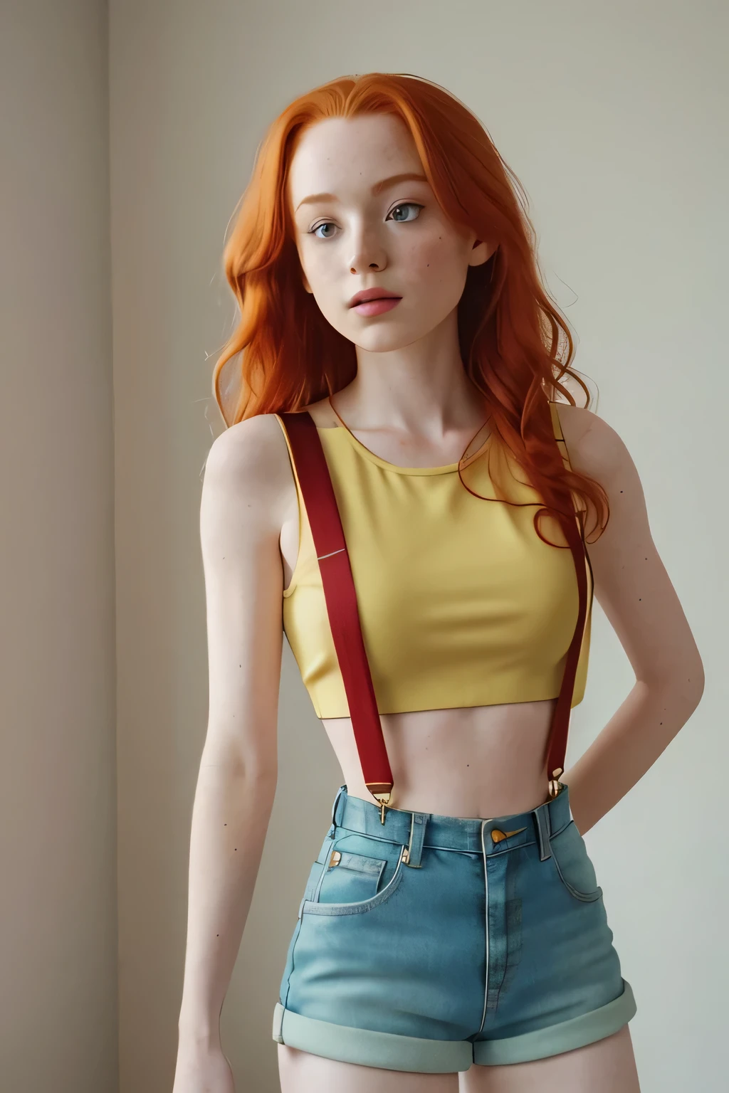 1girl in, age21, Madelaine Petsch, photo of perfect woman, 5'3", Solo, Aesthetic artwork, (irish redhead, wavy ginger hair, shoulder length ginger hair:1.25), (some small freckles, pale skin, small breasts, B-cup, runners body, very thin waist, skinny, petite, detailed skin texture), (blank background, plain background, blank wall, (wearing an yellow cropped tank top, yellow shirt, denim short shorts, daisy dukes, Misty from pokemon, Misty cosplay, (red suspenders: 1.25), (extremely detailed 8k wallpaper), soft lighting, high quality, film grain, Fujifilm XT3 sharp focus, f 5.6, 50mm, High Detail, Sharp focus,(natural light), crazy details, complex details, hyper detailed