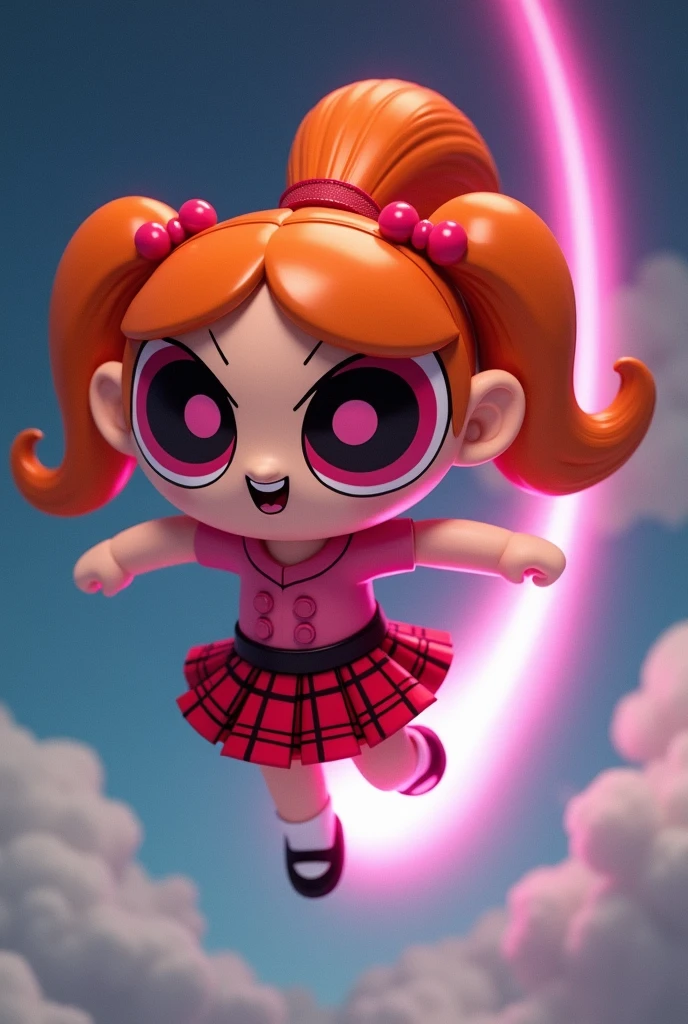 evil Powerpuff Girl with long orange mullet with long red ribbons, pink eyes, pink shirt with red buttons, red plaid skirt, white tights and black Mary Jane shoes. As she flies, a glowing pink contrail expells from her.