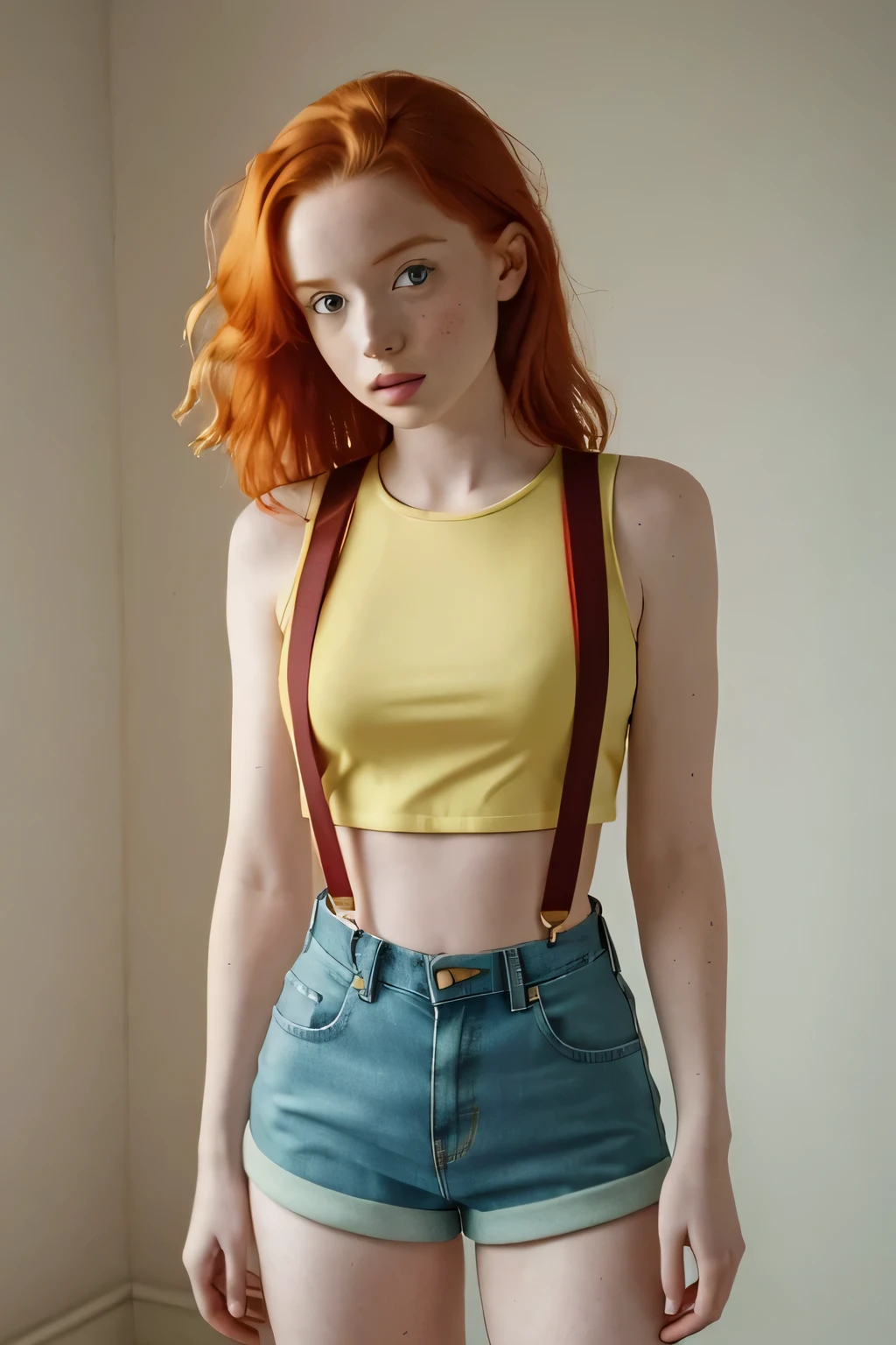 1girl in, age21, Madelaine Petsch, photo of perfect woman, 5'3", Solo, Aesthetic artwork, (irish redhead, wavy ginger hair, shoulder length ginger hair:1.25), (some small freckles, pale skin, small breasts, B-cup, runners body, very thin waist, skinny, petite, detailed skin texture), (blank background, plain background, blank wall, (wearing an yellow cropped tank top, yellow shirt, denim short shorts, daisy dukes, Misty from pokemon, Misty cosplay, (red suspenders: 1.25), (extremely detailed 8k wallpaper), soft lighting, high quality, film grain, Fujifilm XT3 sharp focus, f 5.6, 50mm, High Detail, Sharp focus,(natural light), crazy details, complex details, hyper detailed