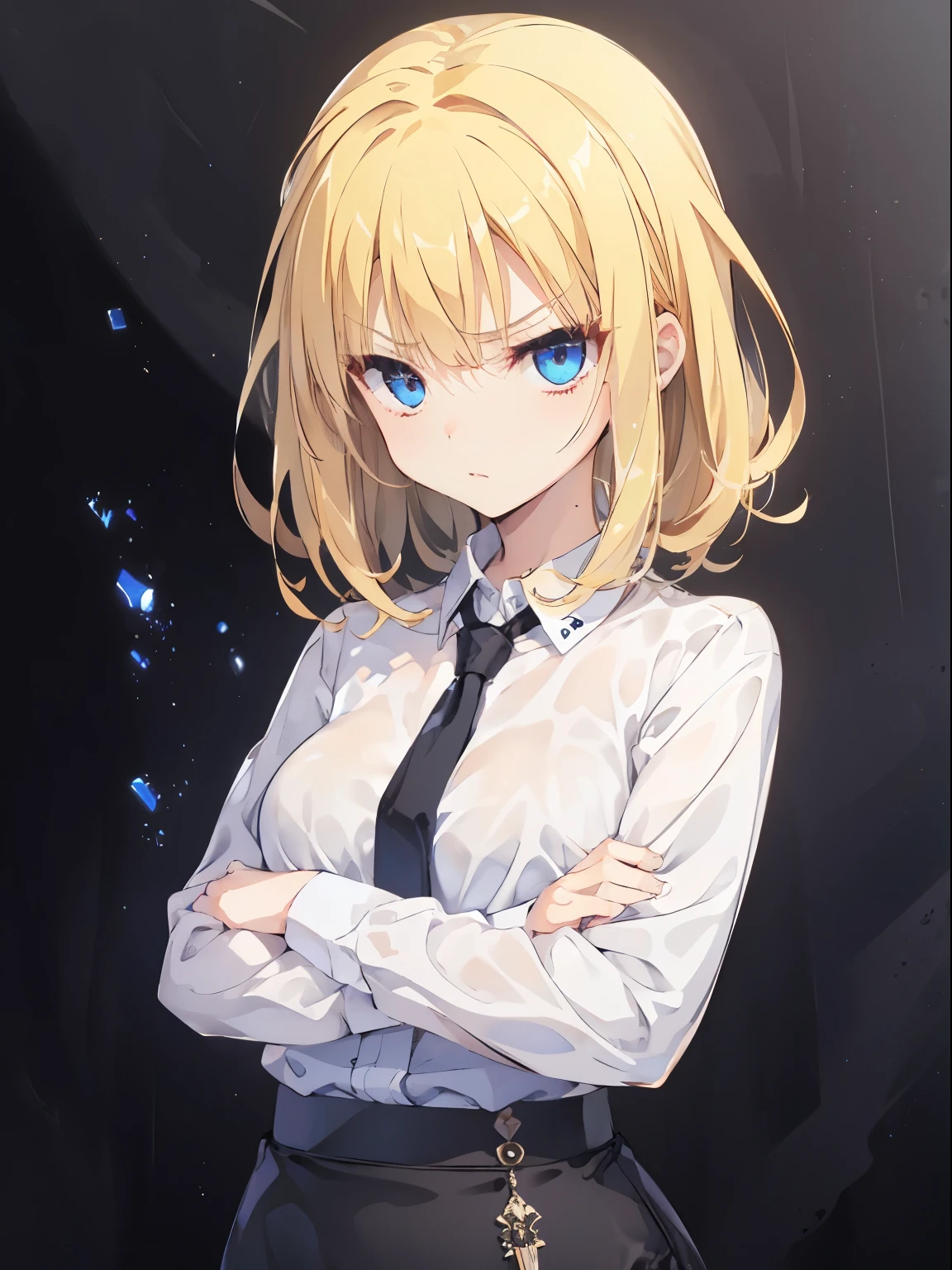 (serious, [glaring]), Japan, 1 girl, upper body, (facing viewer, looking viewer), standing straight, (blue eyes, (blonde hair), (wavy hair:0.65), medium hair, medium breast), (white shirt, black necktie, black pencil skirt), (gray background), Sharp Focus, (Best Quality, masterpiece, detailed, facial focus), crossed arms, (detailed hand), (solo shot)