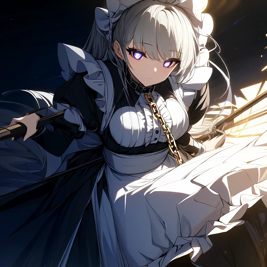 Masterpiece, Very detailed, Ultra-detailed, one tall mature beautiful maid woman. Masterpiece, Very detailed, Ultra-detailed, long lovely silver hair. beautiful dark eclipse-like eyes, her irises are black with a golden outline, her pupils are surrounded by a glowing white light. well endowed. Wearing a collar and leash. wearing chains all over her body. long Victorian maid dress with a long slit in the side going down. Dark-radiance emanating from her. she's holding a broom, sweeping the floors of a military compoun.