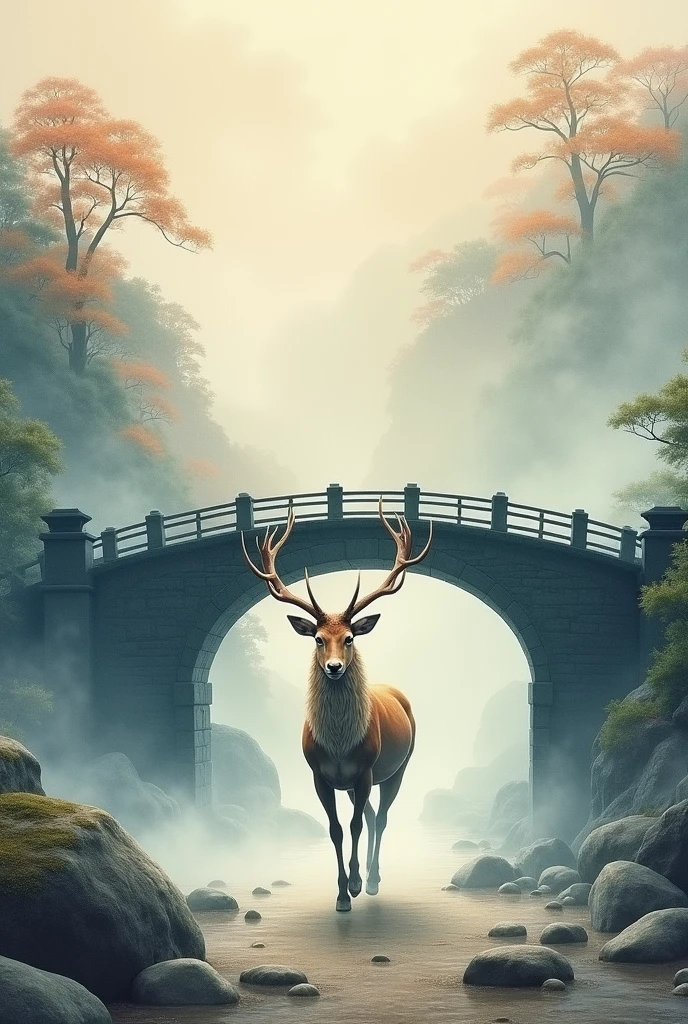 Realistic, theme is "Old bridge shrouded in mist", old bridge shrouded in mist, Kirin running towards us from the other side of the bridge, mythical beast Kirin drawn in detail and carefully, Japanese Ukiyo-e style, artwork, watercolor brush painting, ink painting, sophisticated design, 8K quality