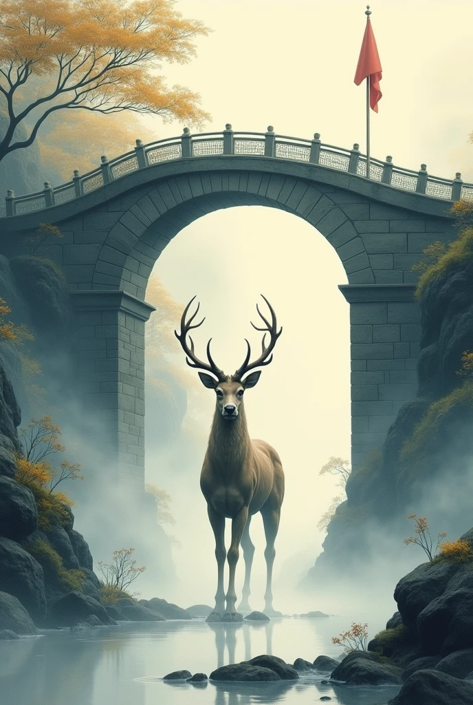 Realistic, theme is "Old bridge shrouded in mist", old bridge shrouded in mist, Kirin running towards us from the other side of the bridge, mythical beast Kirin drawn in detail and carefully, Japanese Ukiyo-e style, artwork, watercolor brush painting, ink painting, sophisticated design, 8K quality