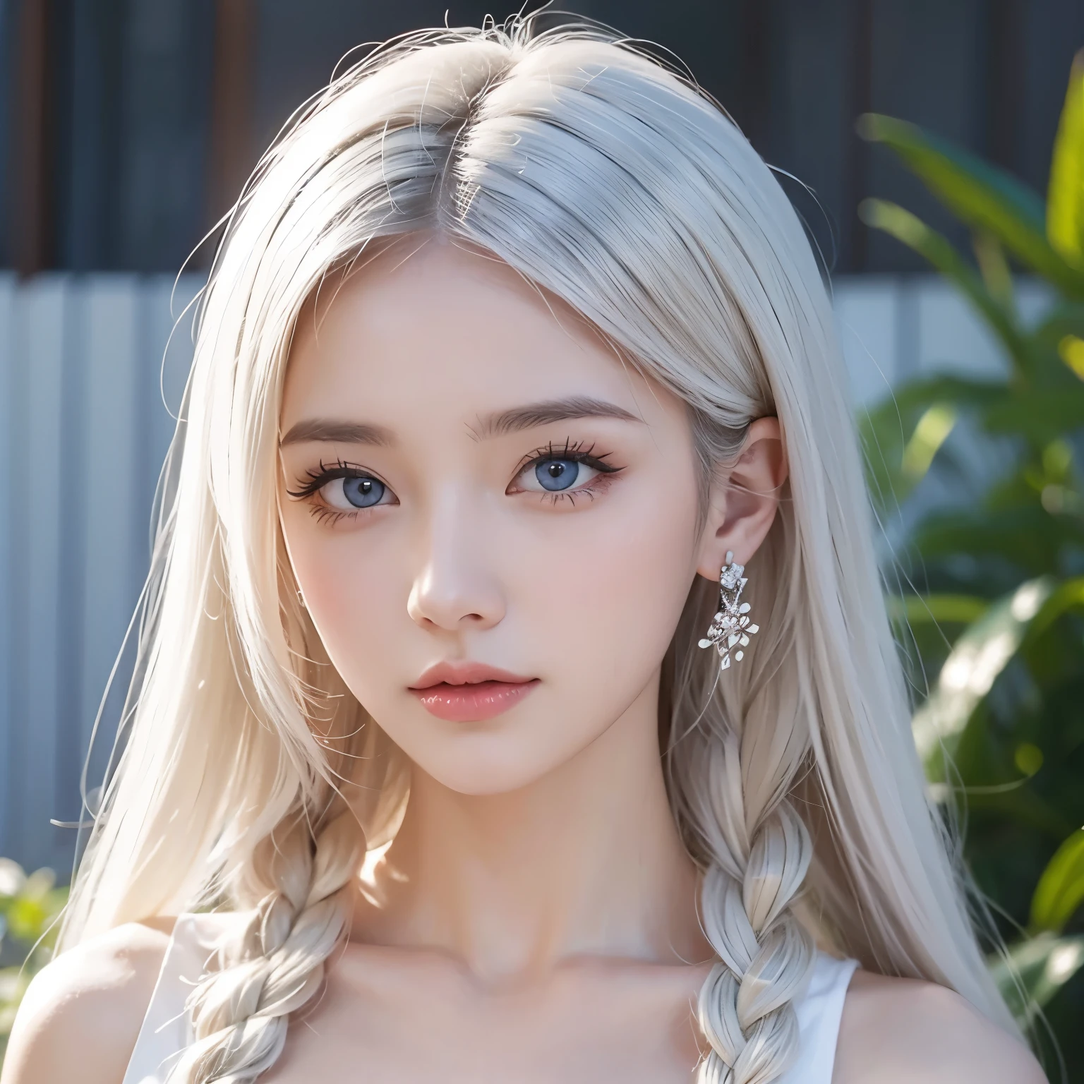  is the best quality, masterpiece,White hair,  golden eyes, white dress, look up,  upper body,Hair, Fair Skin ,Side braid 