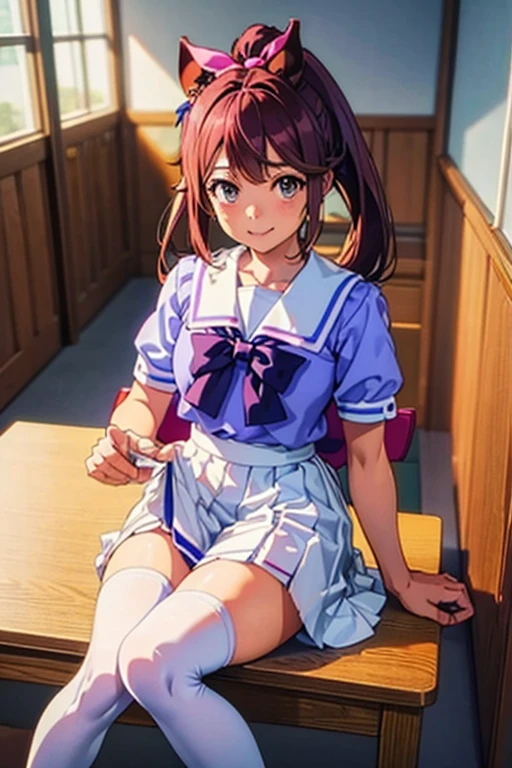 Tokai Teio,smile,high ponytail,fake animal tails,girl,best quality,tracen school uniform, sailor collar, bowtie, purple shirt, sailor shirt, short sleeves, white skirt, white thighhighs,white kneehighs,Narrowed sleeves, long chair,sitting,blue line on the edge of the white skirt,