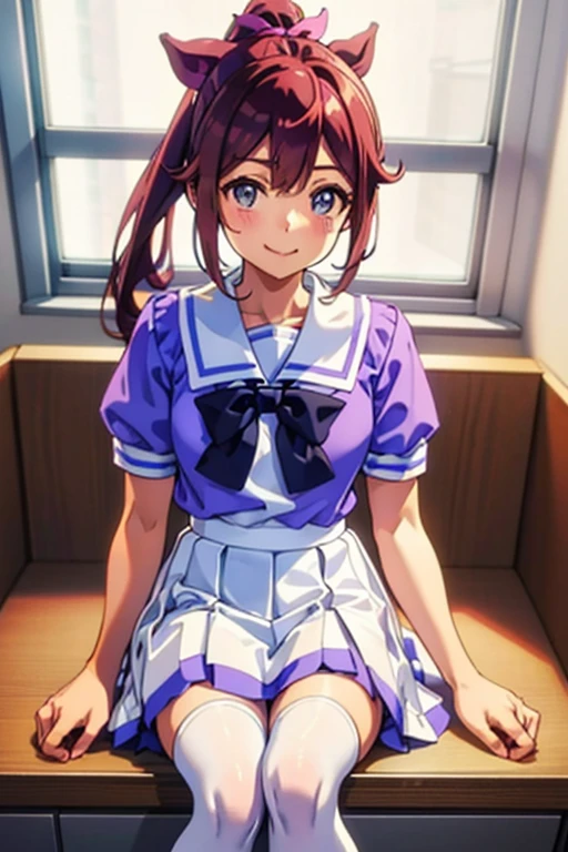 Tokai Teio,smile,high ponytail,fake animal tails,girl,best quality,tracen school uniform, sailor collar, bowtie, purple shirt, sailor shirt, short sleeves, white skirt, white thighhighs,white kneehighs,Narrowed sleeves, long chair,sitting,blue line on the edge of the white skirt,